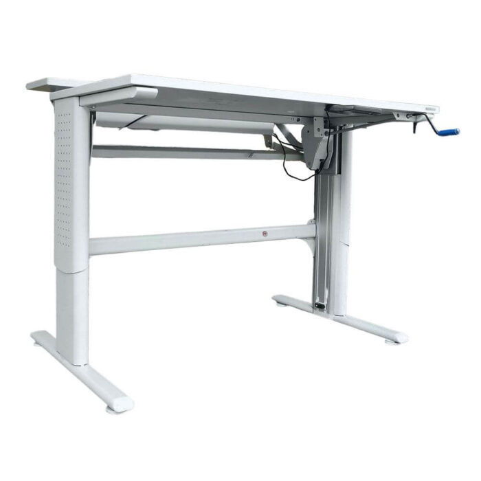 Steh-Sitz-Schreibtisch Reiss, lichtgrau, 120 cm breit, geteilte Platte – Bild 2