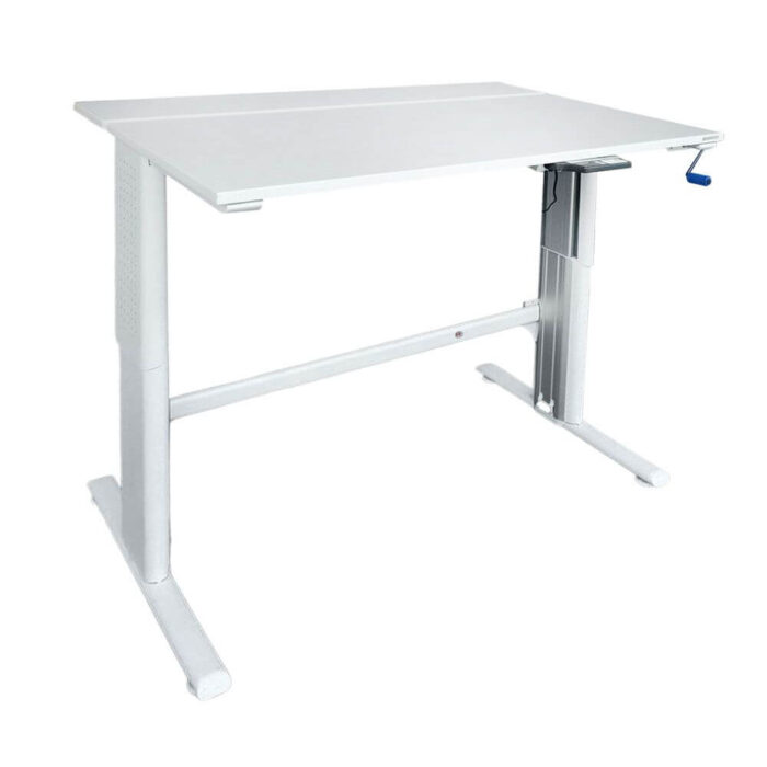 Steh-Sitz-Schreibtisch Reiss, lichtgrau, 120 cm breit, geteilte Platte